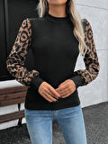 Teusta Kadın Uzun Kollu Yarı Balıkçı Yaka Leopar Detaylı Kaşkorse Bluz