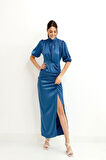 leyla sanat sanata yeni bir bakış açısı Mavi Büzgülü Saten Elbise