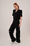 leyla sanat sanata yeni bir bakış açısı Cepli Düğmeli Bluz Ve Diz Detaylı Pantolon Siyah İkili Takım