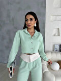 leyla sanat sanata yeni bir bakış açısı KETEN GÖMLEK-CROP-SALAŞ PANTOLON TAKIM - Mint