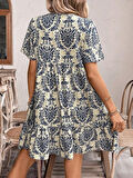 leyla sanat sanata yeni bir bakış açısı Kadın Kısa Kollu Yakadan Bağcıklı Desenli Fırfırlı Süprem Elbise
