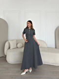 leyla sanat sanata yeni bir bakış açısı Kısa Kollu Önden Fermuarlı Çan Etekli Uzun Elbise - Antrasit
