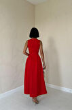 leyla sanat sanata yeni bir bakış açısı Kırmızı Halter Yaka Kloş Elbise