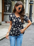 leyla sanat sanata yeni bir bakış açısı Kadın Kısa Kollu V Yakalı çiçek Baskılı Süprem Bluz