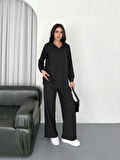 leyla sanat sanata yeni bir bakış açısı Yakalı Düğmeli Uzun Kollu Gömlek Pantolon Ikili Takım - Siyah