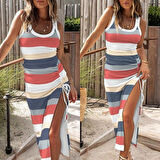 leyla sanat sanata yeni bir bakış açısı Kadın Kolsuz şerit Desenli Büzgü Yırtmaçlı Pegasus Kumaş Elbise