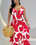 leyla sanat sanata yeni bir bakış açısı Kadın Ip Askılı Dekolteli Bağcıklı Yırtmaçlı Desenli Süprem Elbise