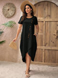 leyla sanat sanata yeni bir bakış açısı Kadın Kısa Kollu Bisiklet Yaka Düğme Detay Müslim Elbise