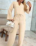leyla sanat sanata yeni bir bakış açısı Kadın Uzun Kollu V Yakalı Keten Bluz Bağcıklı Pantolon Ikili Takım