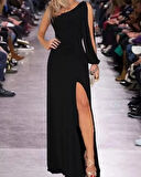 leyla sanat sanata yeni bir bakış açısı Tek Omuz Açık Derin Yırtmaçlı Krep Tam Boy Elbise