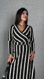 leyla sanat sanata yeni bir bakış açısı Kadın Uzun Kollu Kruvaze Yaka Kemer Dahil çizgili Triko Elbise