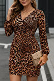leyla sanat sanata yeni bir bakış açısı Kadın Uzun Kollu Kruvaze Yaka Leopar Desen Mikro Elbise
