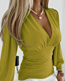 leyla sanat sanata yeni bir bakış açısı Kadın Uzun Kollu Derin V Yakalı önden Büzgülü Sandy Bluz