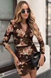 leyla sanat sanata yeni bir bakış açısı Kadın Uzun Kollu V Yakalı çiçek Desenli Dalgıç Mini Elbise