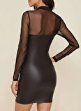 leyla sanat sanata yeni bir bakış açısı Kadın Uzun Kollu Balıkçı Yaka Tül Detaylı Mini Deri Elbise