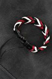 Bordo Beyaz Siyah Örgü Deri Erkek Bileklik - TJ-EB1846