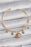 Pirinç Gold Renk Sallantı Zirkon Taşlı Nazar Boncuk Model Charm Bileklik - TJ-BB6549