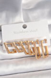 Pirinç Gold Renk Zirkon Taşlı 3 Çift Kare Model Kadın Küpe - TJ-BKP10328