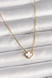 316L Çelik Gold Renk Beyaz Yonca Model Kadın Kolye - TJ-BKO10019