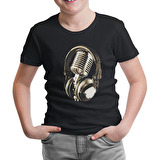 Microphone & Headphone Siyah Çocuk Tshirt