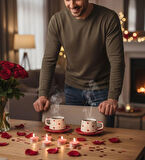 Kabartma Kalp Desenli 2 Kişilik Seramik El Yapımı Kupa Bardak Seti