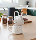 Kabartma Papatya Desenli 2 Kişilik El Yapımı Seramik Kupa Bardak Seti