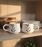 Kabartma Sonbahar Desenli 2 Kişilik Seramik El Yapımı Kupa Bardak Seti