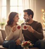 Kabartma Çiçek Desenli 2 Kişilik El Yapımı Seramik Kupa Seti