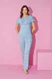 Kadın Bisiklet Yaka Viskon Kısa Kol Cepli Pijama Takımı