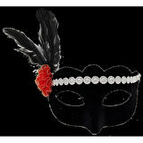 Siyah Renk Süet Kaplama Gümüş Dantelli Kırmızı Gül Tasarımlı Parti Maskesi 18x20 cm
