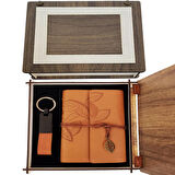 Özel Ahşap Kutulu Taba Deri Defter ve Anahtarlık Set