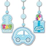 1 Yaş Temalı Asmalı İp Süs Mavi Renk 3 lü Set 12x45 cm