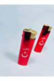 Türk Bayraklı Kırmızı Metal Kasa Çakmak /pürmüzlü -329b