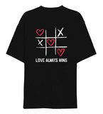 14 Şubat Sevgililer Günü Love Always Wins Baskılı Oversize Bisiklet Yaka T-shirt - Siyah