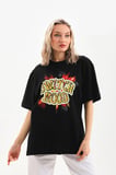 Kadın Kısa Kol Yazlık Tişört Bisiklet Yaka Ejderha Baskılı T-Shirt - Siyah
