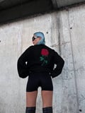 Kadın Oversize Kapüşonlu Cepli GÜL Baskılı  İplik Pamuklu Hoodie Sweatshirt - Siyah