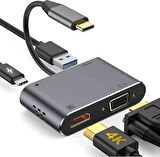 TYPE-C 4 İN 1 HUB ÇOĞALTICI VGA-HDMI-USB-TYPE-C HUB ÇOĞALTICI Macbook Uyumlu Type-c To Usb 3.0 1080p 4k Hdmı Vga Pd Aux Ses Girişli Çevirici Adaptör