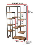 DEKORATİF ÇAM RENGİ AHŞAP RAFLI METAL KİTAPLIK ÇOK AMAÇLI STAND SALON VE ÇALIŞMA ODASI 12 RAFLI ÜNİTE MATKAPSIZ KOLAY KURULUM