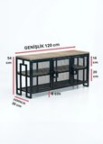 DEKORATİF METAL GÖVDELİ AHŞAP RAFLI TV ÜNİTESİ 3 RAFLI 3 KAPAKLI TV SEHPASI 120 x 30 CM TELEVİZYON ÜNİTESİ