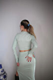 Maison La Femme Basic Su Yeşili Maxi Etek Crop Kazak Takım