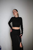 Maison La Femme Basic Siyah Maxi Etek Crop Kazak Takım