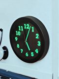 Fosforlu Gece Parlayan Görünen Metal Siyah Duvar Saati Çap 26 cm