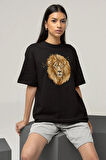 Çizim Lion Baskılı Unisex Oversize Aslan Baskılı Tişört