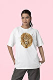 Çizim Lion Baskılı Unisex Oversize Aslan Baskılı Tişört