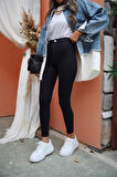 Siyah Yüksek Bel Skinny Fit Jean Likralı Önü Cepsiz Tayt Pantolon