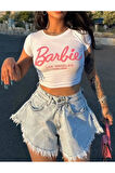 Kadın Beyaz Barbie Baskılı Los Angeles Kısa Kollu Slim Fit Crop Tshirt