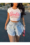 Kadın Beyaz Barbie Baskılı Los Angeles Kısa Kollu Slim Fit Crop Tshirt