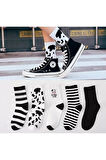 5'li Kadın Siyah-beyaz Inek Desenli Çizgili Pamuklu Tenis Kolej Çorap