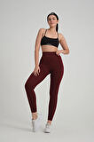 Bordo Kalçası Büzgülü Push Up Kalça Şekillendirici Fitness Yoga Yüksek Bel Spor Kadın Tayt