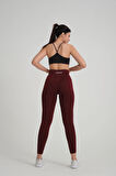 Bordo Kalçası Büzgülü Push Up Kalça Şekillendirici Fitness Yoga Yüksek Bel Spor Kadın Tayt